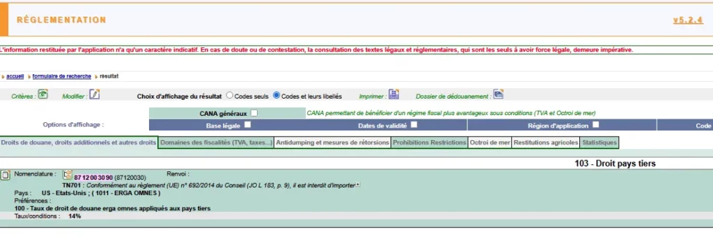 Recherche des droits et taxes sur Rita